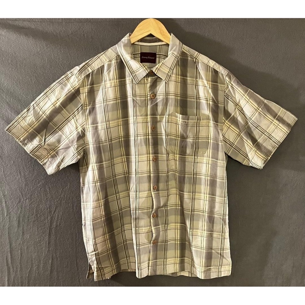 Tommy Bahama Mens Large 100% Silk Plaid Short Sleeve Button Down Shirt Grey Tan